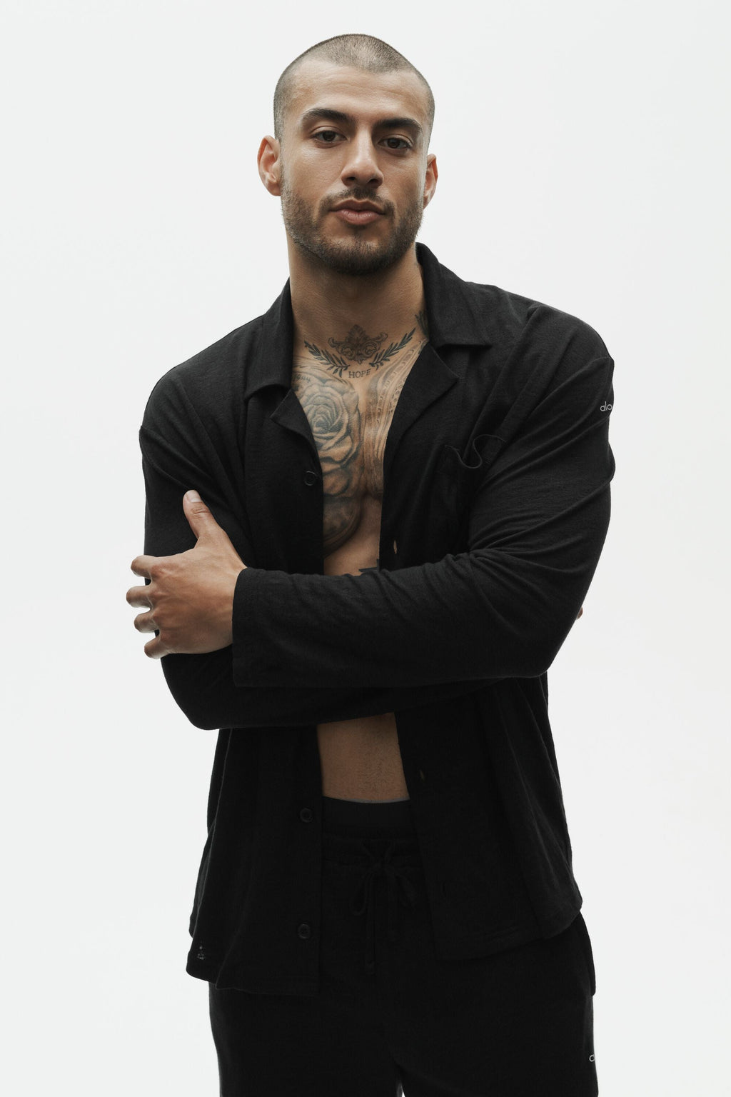 Linen Jersey Coastal Long Sleeve Button Up - Black
